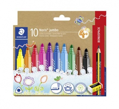 Fixky, sada, s grafitovou ceruzkou a gumou, 3 mm, trojhranné, STAEDTLER "Noris® jumbo 328", 10+1 rôznych farieb
