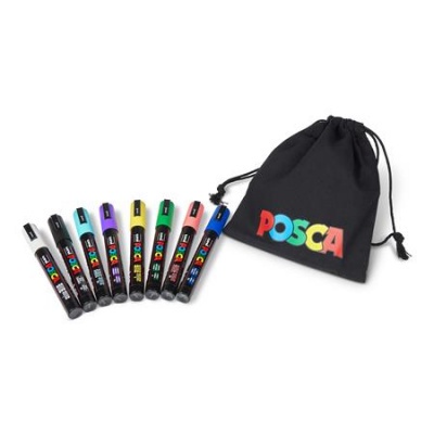 Dekoračný popisovač, sada, 1,8-2,5 mm, UNI "Posca Pouch PC-5M", 8 rôznych farieb, v puzdre
